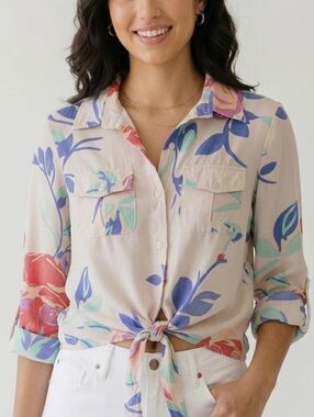 Yumi Kim - Silk Pastel Floral Tie-Front Button Shirt